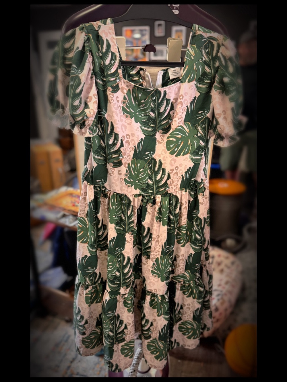 Women’s Tiered Midi Dress with Green Tropical Leaf Print